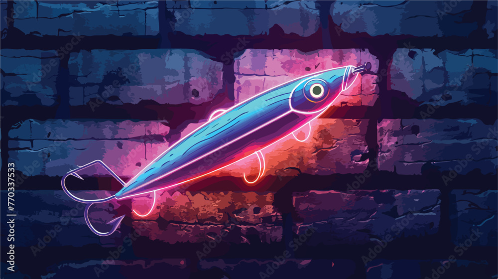 Glowing neon line Fishing lure icon isolated on brick