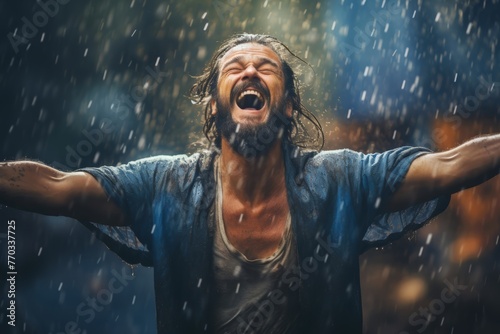Portrait hopecore of a man dancing freely in the rain, embracing life's challenges with optimism, resilience, and a sense of inner joy