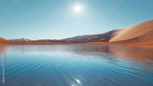 A shimmering pool of water at the end of a desert landscape, symbolizing the oasis of reward after a long journey.  photo