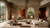 Modern Living Room with Concrete Walls and Arched Windows