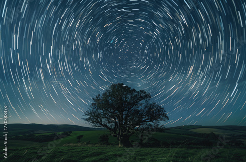 A tree in the middle of an open field, star trails in the sky, timelapse photography with long exposures