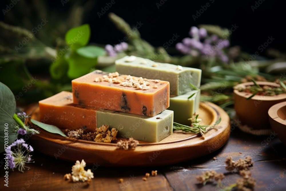 Photography of Waterless Self Care natural soap with clay and botanical additives. Photography of Waterless Self Care natural soap with clay and botanical additives.