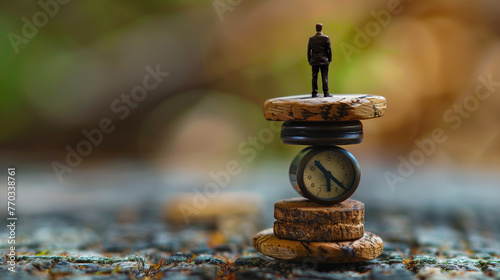 Miniature toy man standing on top of stack of cork