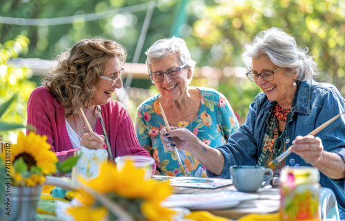 Three happy senior women having fun painting at an outdoor art class in the garden of their community, summer time