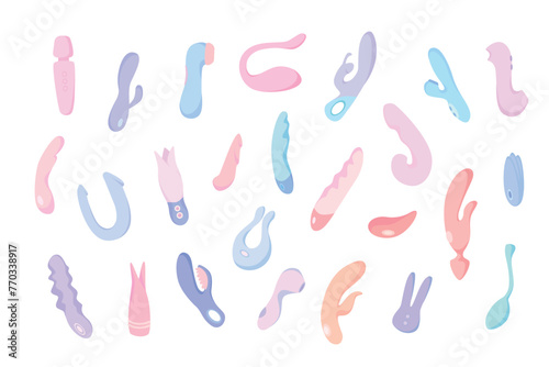 A set of various sex toys in a bright cartoon style