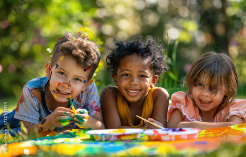 Three happy young kids having fun painting at an outdoor art class in the garden of their community, summer time photo