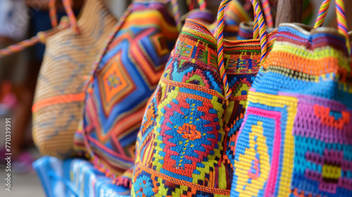 Vibrant, handmade woven bags hanging in a market, showcasing detailed craftsmanship and traditional patterns