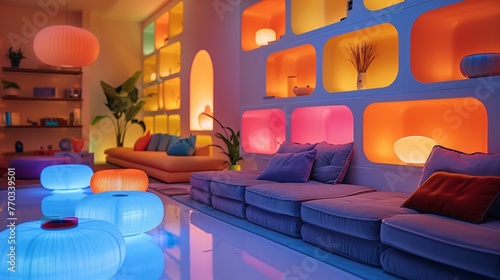 Modern Living Room with Colorful LED Lighting