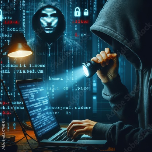 Suspense-filled vector scene, a flashlight pointed at a hooded hacker decrypting codes, tension in the air photo