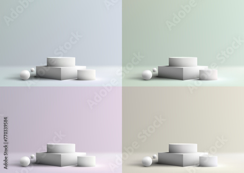 3D realistic showcasing clean podium stand with group white balls, elegantly placed in a pastels colors studio room background