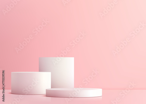 3D three white cylindrical podium pedestals stand on a soft pink background