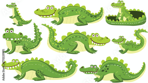 Cartoon green crocodile collection set flat vector isolated