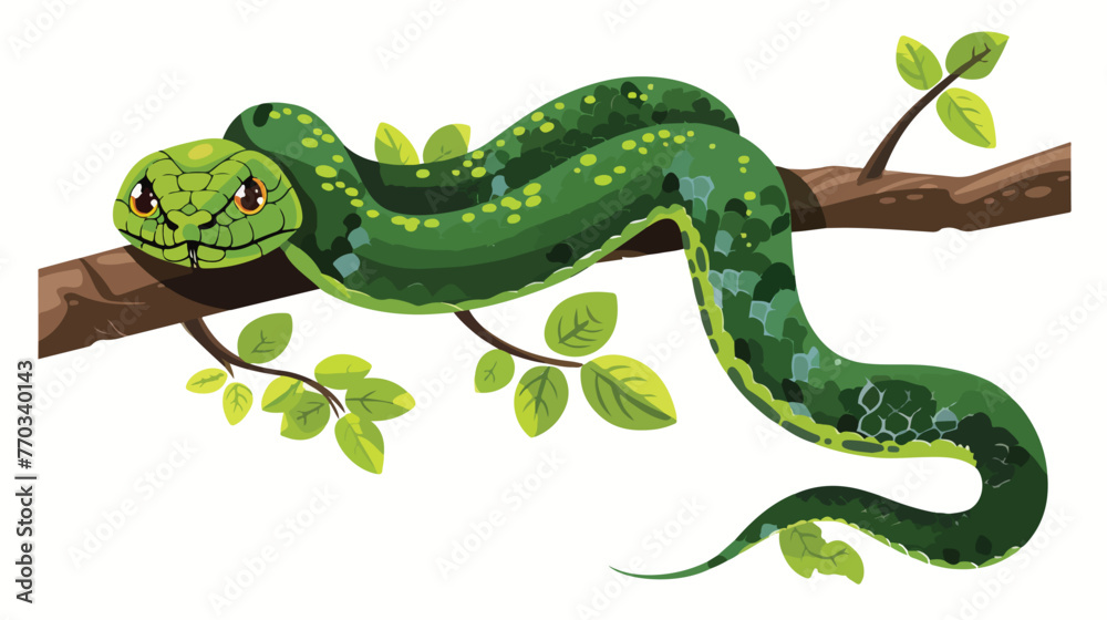 Obraz premium Cartoon green snake on tree branch flat vector isolated