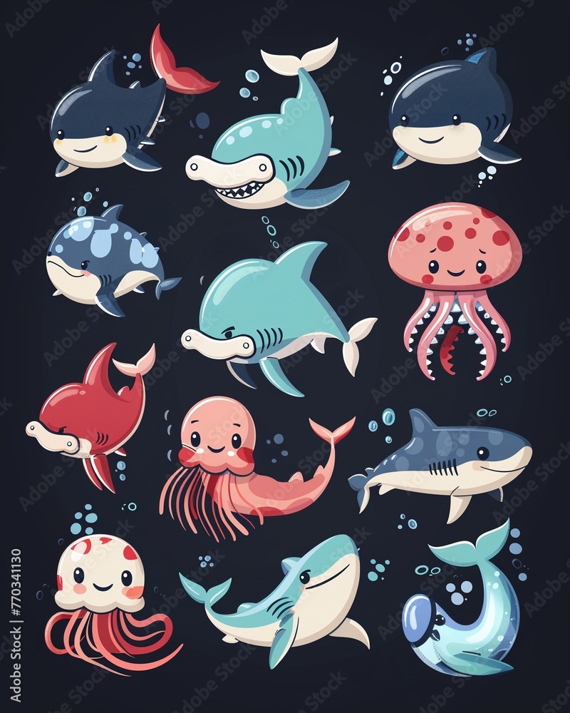 Cute, colorful vector collection of hammerhead sharks and krakens, showcasing the diversity of ocean animalsVector set of playful jellyfish and krakens, vibrant marine invertebrates, colorful ocean li - obrazy, fototapety, plakaty 