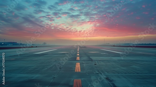 Sunset Sky Over Airport Runway. Empty airport runway is highlighted by a stunning sunset sky, creating a serene and peaceful atmosphere.