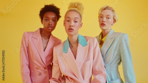 Three models strike elegant poses in retro-inspired haute couture ensembles set against light yellow backdrop. The clothing, made from minimal fabrics, features hues pastel colors, evoking retro vibe photo