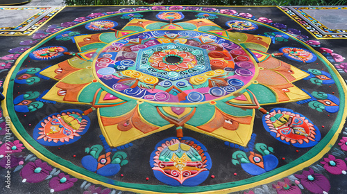 An overhead image displaying a complete  ornate sand mandala symbolizing the universe in Buddhism and Hinduism with its vivid colors and patterns