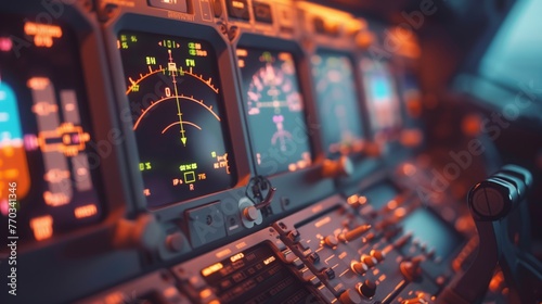 Focused View on Aircraft Cockpit Controls. Close-up of aircraft cockpit controls with glowing screens and buttons, highlighting the complexity and technology of modern aviation. photo