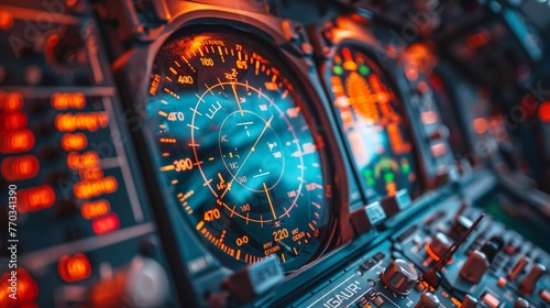 Aviation Navigation Instrument Close-Up. Close-up of a brightly lit aviation navigation instrument in the cockpit, displaying altitude and heading information. photo