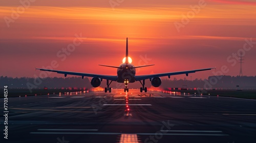 Commercial Airplane on Runway at Sunrise. Commercial airplane prepares for takeoff on a runway, with the sunrise directly behind it creating a stunning silhouette.