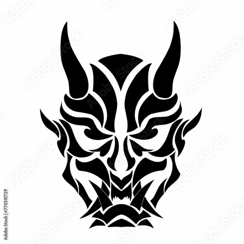 Illustration vector graphics of tribal art design abstract devil face with horns and fangs suitable for tattoos