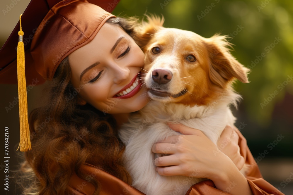 Cute moment of a graduate receiving a warm hug from their beloved pet, celebrating together