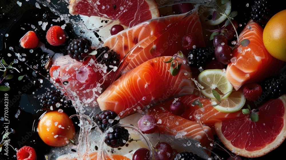 delicious kuri salmon, in the style of elaborate fruit arrangements, color splash, dark black and red, colorful compositions, playful composition, light white and pink, multi-layered compositions