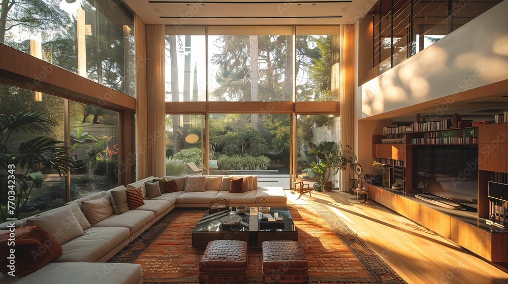 Modern Living Room with Large Windows Overlooking Garden Modern Living Room with Large Windows Overlooking Garden