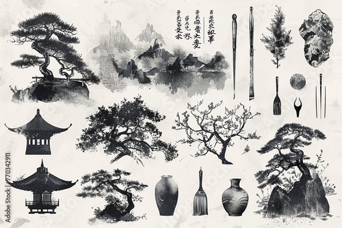 Large collection of Japanese brushes and design elements, sumie ink style, traditional handdrawn vector illustration , high resolution DSLR, 8K, high detailed, super detailed , ultra HD, 8K resolution photo