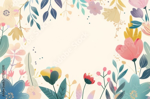  A simple illustration featuring colorful flowers and leaves with a large blank space in the middle for text.