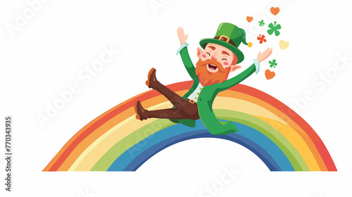 Cartoon leprechaun sliding down the rainbow flat vector
