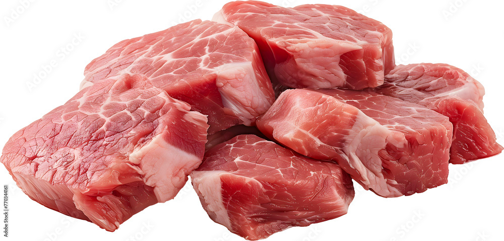Raw sliced pork meat isolated on white background, Clipping path
