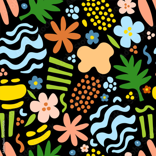 Bright abstract vector seamless pattern. Flowers, doodles, dots, palm leaves on a black background. For fabric prints, beachwear. Summer season.
