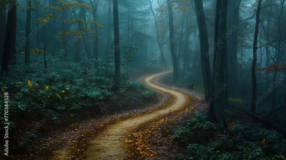 A winding path disappearing into a misty forest, symbolizing the journey of memory and lost time. 