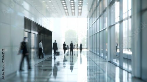 Blurred business people in a modern office lobby. A dynamic image capturing blurred figures suggesting business activity in a contemporary, airy office lobby setting with sunlight reflections