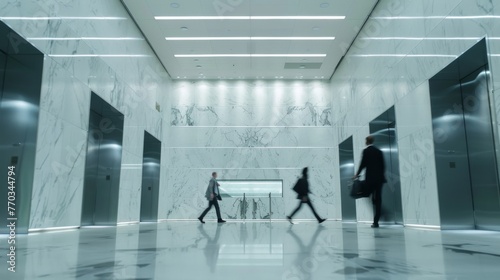 Modern corporate office lobby with people. A sleek modern corporate office lobby with blurred motion of people in business attire