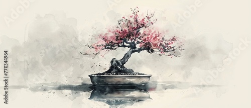Vector watercolor bonsai, crafted in the Japanese sumie technique, serene artistry and minimalism , high resolution DSLR, 8K, high detailed, super detailed , ultra HD, 8K resolution , up32K HD photo