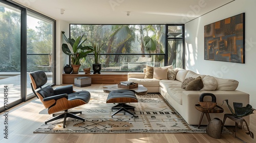 Modern Living Room with Designer Furniture and Tropical View