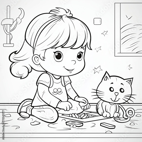 coloring book of a little girl playing with a cat