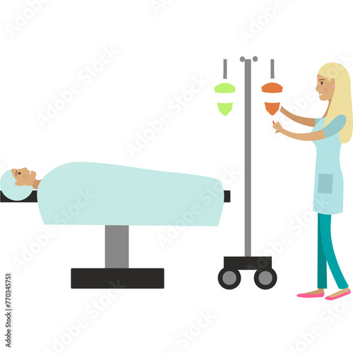 Female doctor changing IV dropper for old patient vector icon isolated on white