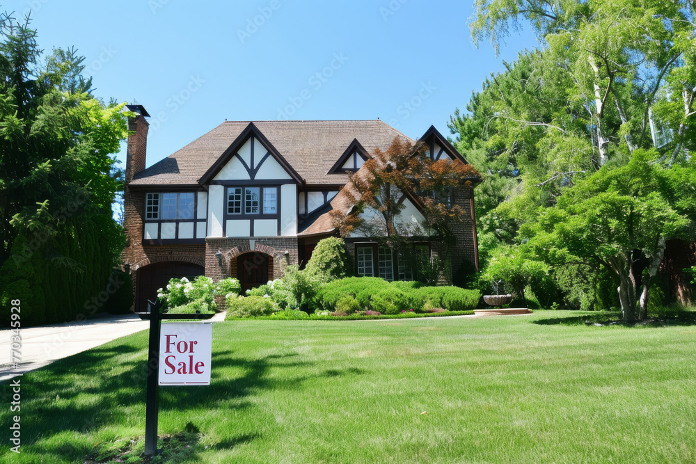 custom made wallpaper toronto digitalA beautiful classic home with a green lawn, flower beds, trees, a garage and a "For Sale" sign.