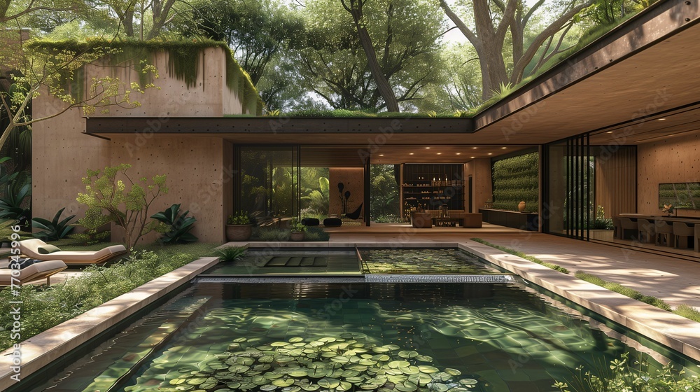 Modern House with Pond and Lush Greenery