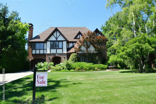 Wallpaper Mural A beautiful classic home with a green lawn, flower beds, trees, a garage and a "For Sale" sign. Torontodigital.ca