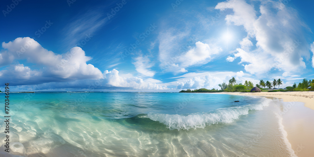 Beach and palm trees on a white sandy in the style of panoramic scale