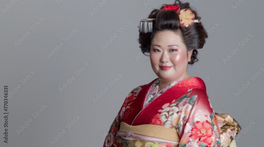 Japanese mature woman in a traditional kimono on grey background. Female in asian clothes. Japanese mature woman in a traditional kimono on grey background. Female in asian clothes.