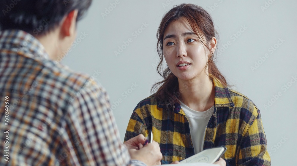 onversation, discussion, two people, woman, man, emotional expression, concern, dialogue, plaid shirt, white shirt, casual clothing, indoor setting, seated, communication, asian ethnicity, listening onversation, discussion, two people, woman, man, emotional expression, concern, dialogue, plaid shirt, white shirt, casual clothing, indoor setting, seated, communication, asian ethnicity, listening