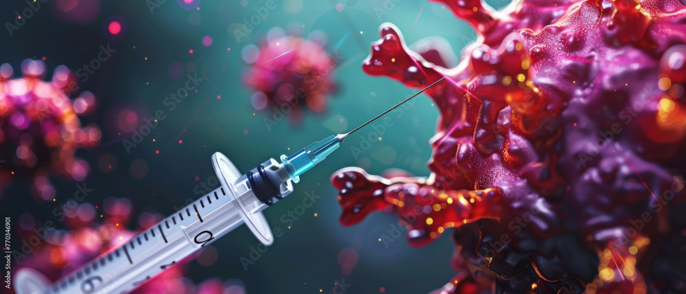 A symbolic portrayal captures the moment a needle syringe penetrates a virus, illustrating the proactive stance in medical interventions against infectious diseases. - obrazy, fototapety, plakaty 
