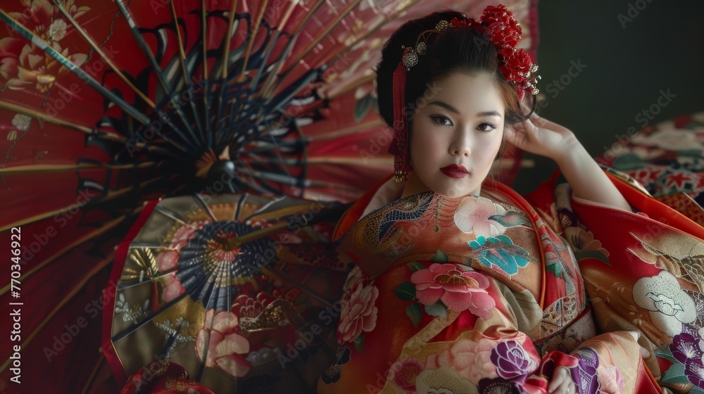 Fototapeta premium Japanese woman in a traditional kimono on floral fabric background. Female in asian clothes. 