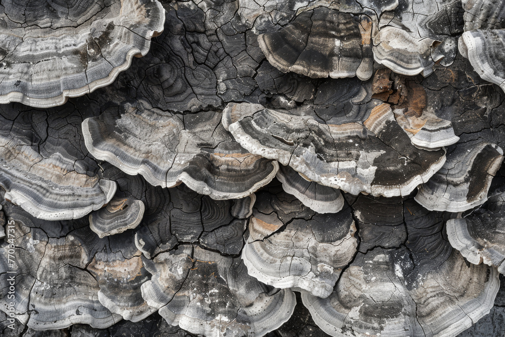 An enchanting backdrop emerges from a collection of exquisite gray oyster mushrooms, offering a captivating texture for backgrounds.