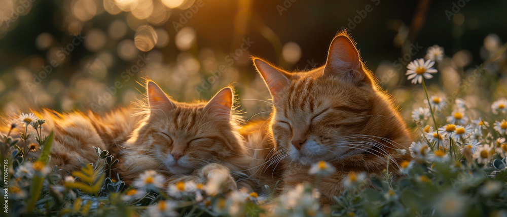 A cat and a kitten sleep cutely on the grass among the flowers against the backdrop of the sunset. - obrazy, fototapety, plakaty 
